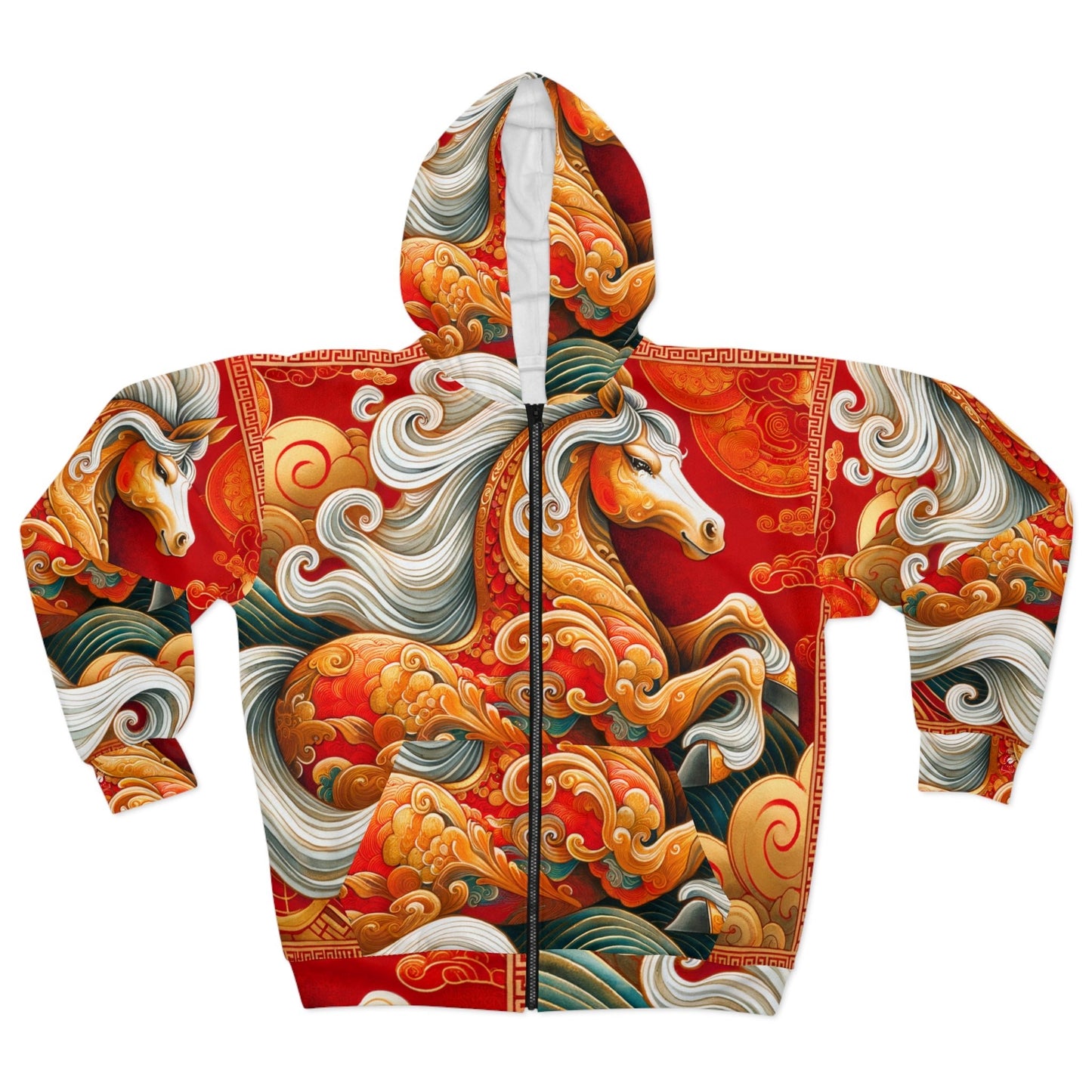 "Gold Gallop on Vermilion Vista: A Lunar New Year’s Ode" - Zip Hoodie - iSquaredYoga