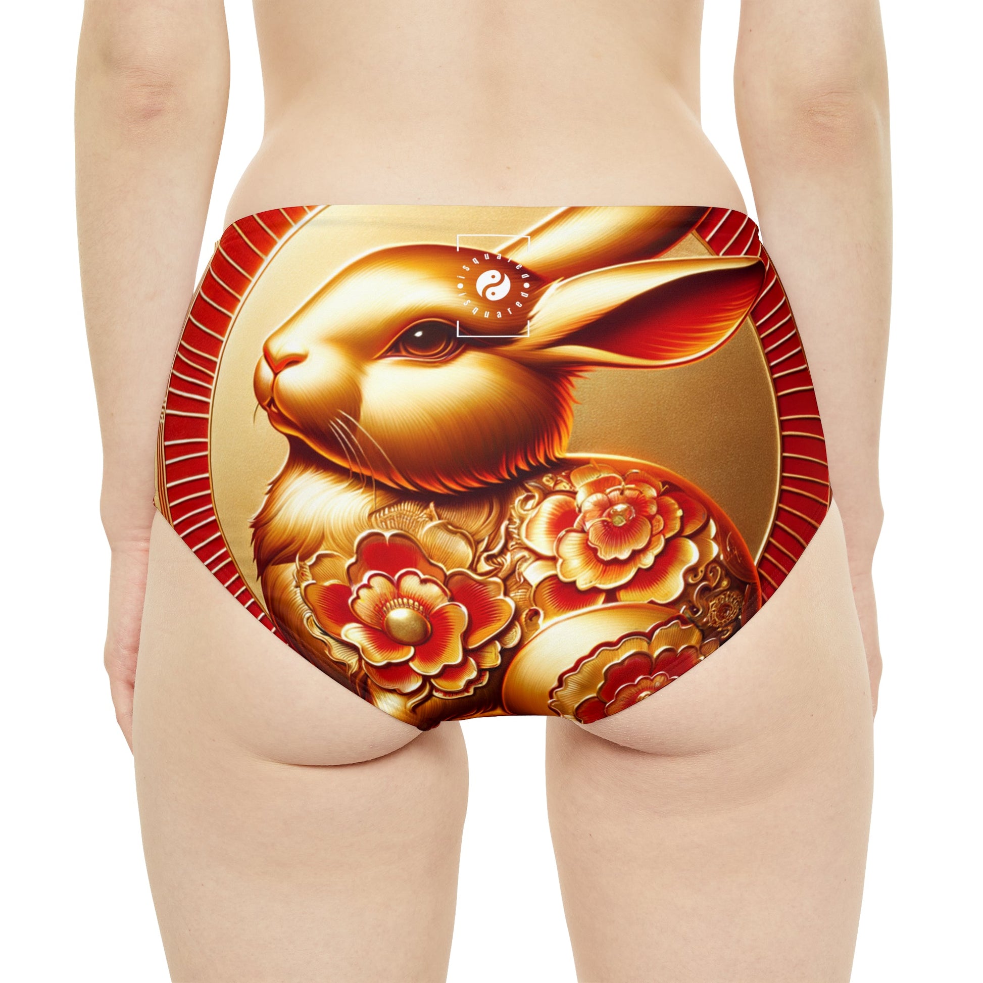 "Golden Blessings: Lunar Rabbit's Resplendence" - High Waisted Bikini Bottom - iSquaredYoga