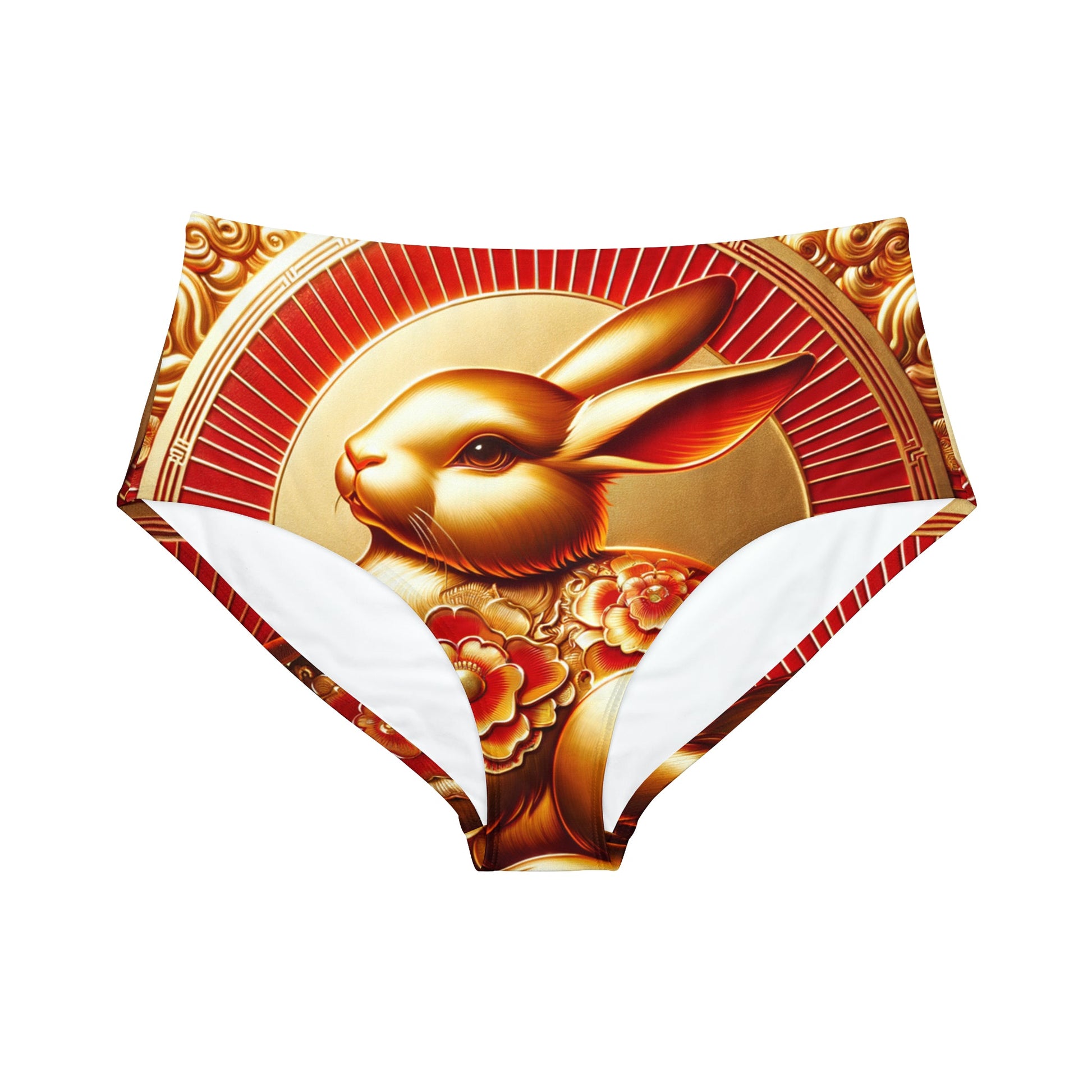 "Golden Blessings: Lunar Rabbit's Resplendence" - High Waisted Bikini Bottom - iSquaredYoga