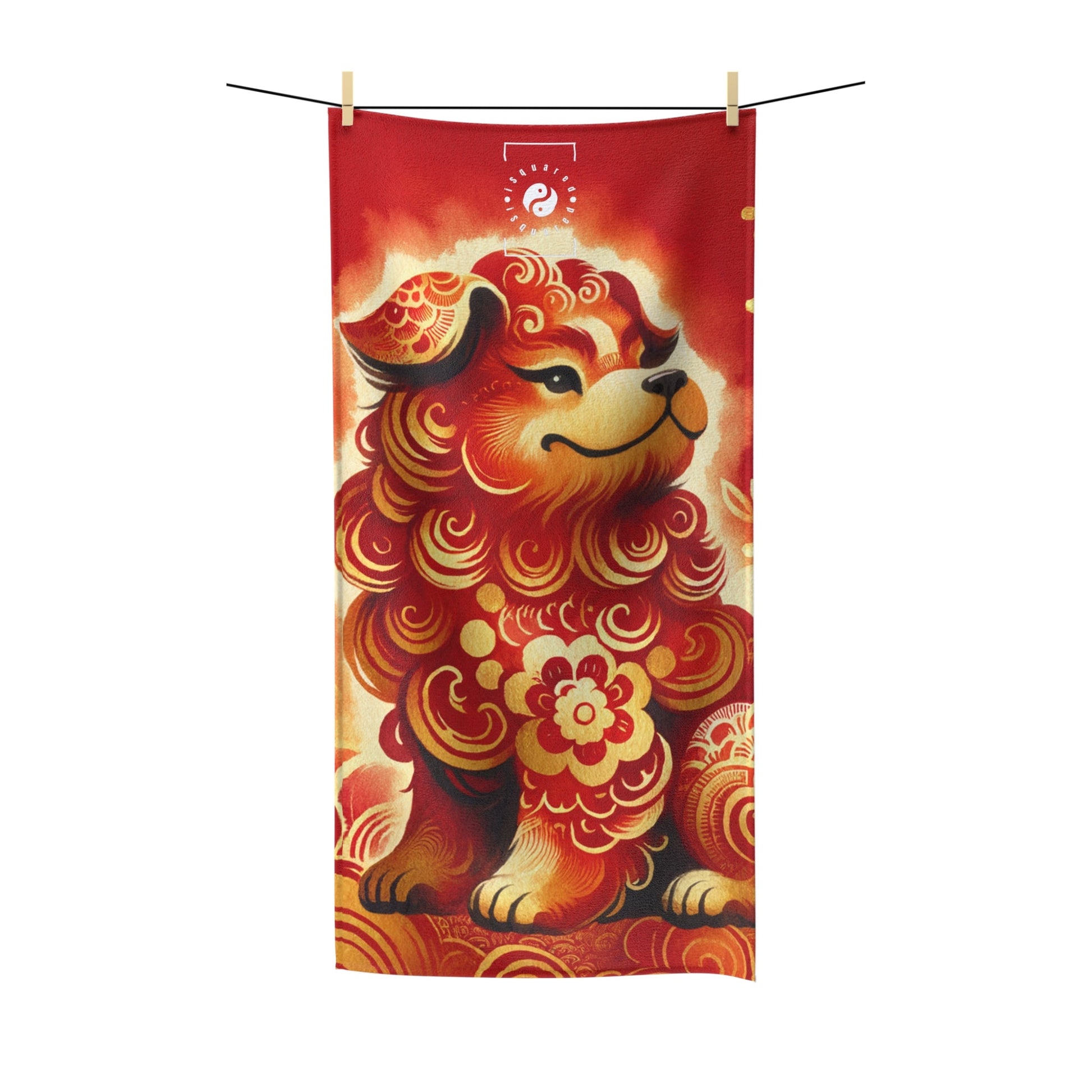 "Golden Canine Emissary on Crimson Tide: A Chinese New Year Odyssey" - All Purpose Yoga Towel - iSquaredYoga